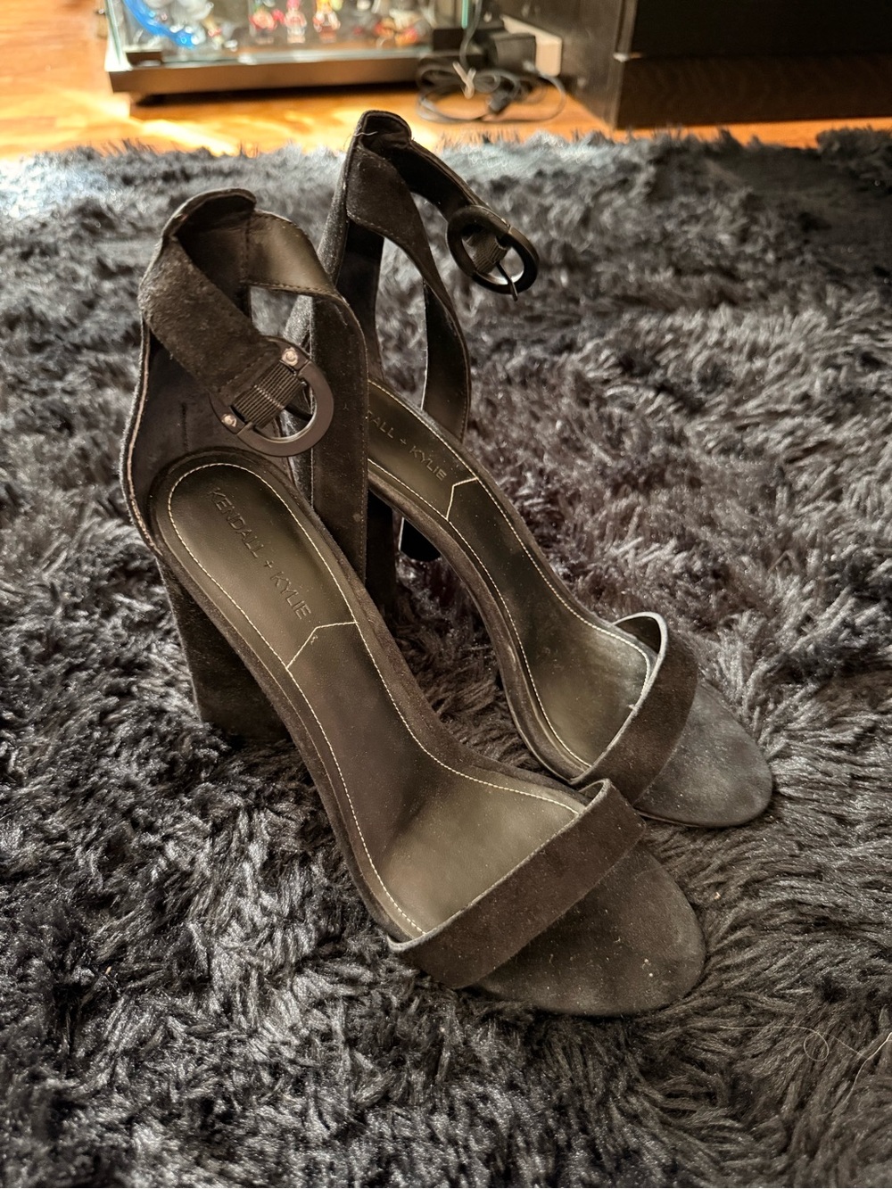 Kendall & Kylie Black Suede Ankle-Strap Block Heel Sandals